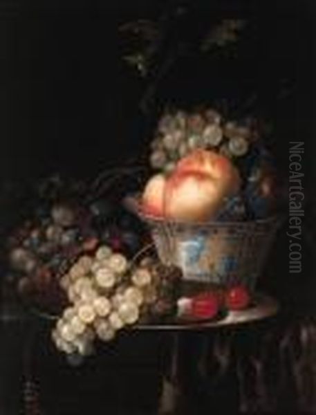 Peaches, Plums And Grapes In A 
Wan Li Kraak Porselein Bowl, Withgrapes And Cherries On A Pewter Plate, 
On A Draped Ledge Oil Painting by Jan Pauwel Gillemans The Elder