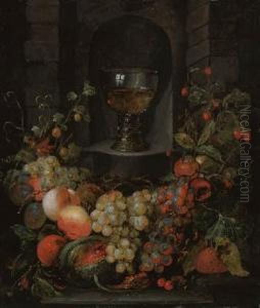 A Roemer In A Niche Surrounded 
By A Garland Of Grapes, Apples,strawberries And Other Fruit Oil Painting by Jan Pauwel Gillemans The Elder
