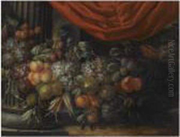 A Garland Of Blue And White 
Grapes, Peaches, Oranges, Lemons Andprunes, Figs, Corn And Chestnuts, In
 A Landscape Near A Classicalcolumn Oil Painting by Jan Pauwel Ii Gillemans