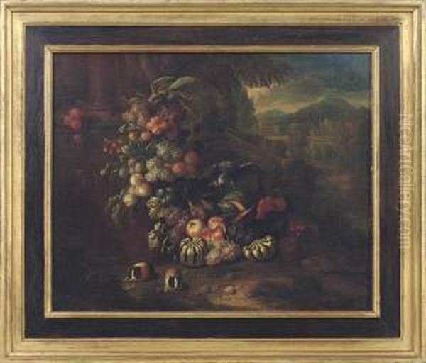Grapes, Pumpkins, Melons And 
Other Fruit, A Parrot And Twoguinea-pigs In An Italianate Landscape Oil Painting by Jan Pauwel Ii Gillemans