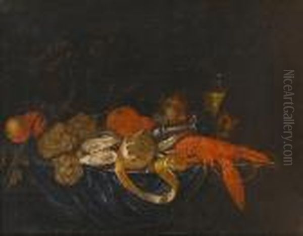A Pewter Dish Of Oysters, 
Lobster And A Peeled Lemon On A Draped Table With Grapes, Oranges And A 
Roemer
 Of White Wine Oil Painting by Jan Pauwel Ii Gillemans