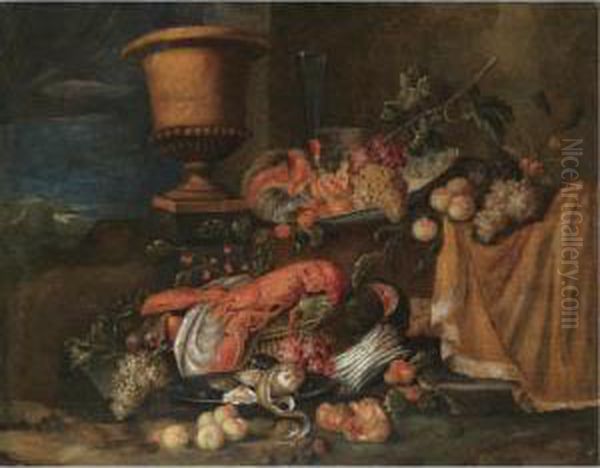 A Still Life With A Lobster 
Together With Grapes, Melons, Figs Pommegranates And Various Other 
Fruits, Together With An Urn And Various Bowls In A Landscape Oil Painting by Jan Pauwel Ii Gillemans