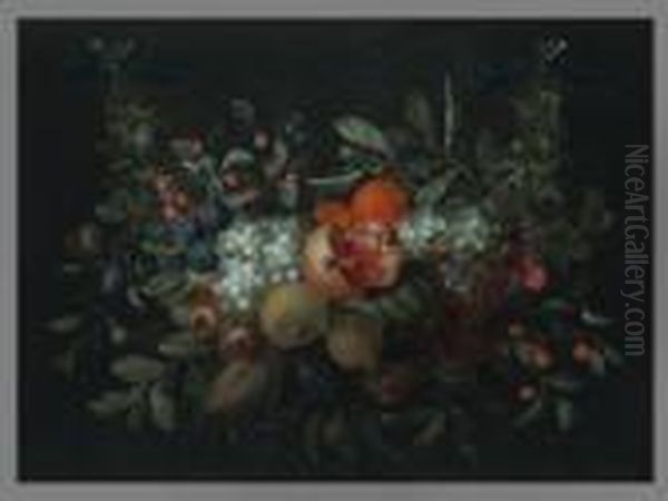 Fruchtegirlande Mit Granatapfeln, Limonen Und Feigen
18,5 X 25 Cm. Ol/lwd Oil Painting by Jan Pauwel Ii Gillemans