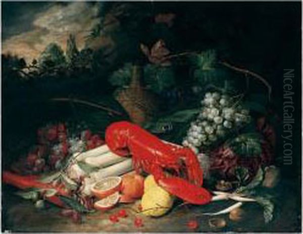 Still Life Of A Lobster, Leeks, 
Carrots, Radishes, Cabbage, Grapes, Oranges, Lemons, Cherries And 
Walnuts, Together With A Flagon Of Wine, In A Landscape Setting Oil Painting by Jan Pauwel Ii Gillemans