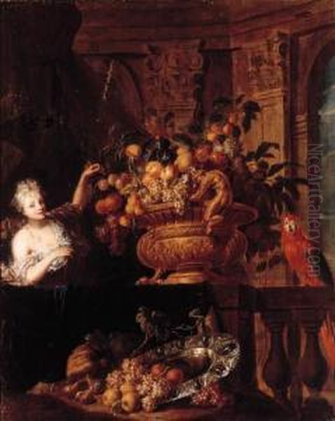A Silver-gilt Bowl, Grapes, 
Peaches, Oranges, Figs And A Basket Offruit With A Monkey And A Squirrel
 On A Ledge, With A Lady Before Aportico; And A Gilt Bowl, Grapes, 
Oranges, Apples And Other Fruitwith A Macaw And A Lady By A Partially 
Draped Led Oil Painting by Jan Pauwel Ii Gillemans