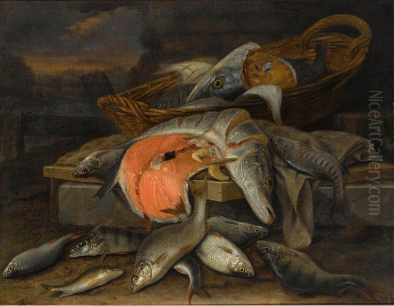 Other Properties
 

 
 
 

 
 A Still Life With A Pike, A Piece Of Salmon In A Basket, 
Together With Perches And Other Fresh-water Fish All On Different Ledges Oil Painting by Jakob Gillig
