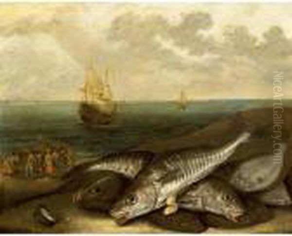A Still Life With Haddock And 
Plaice On A Beach, Together With Fishmongers Selling Their Catch And 
Sailing Vessels At Sea In The Background Oil Painting by Jakob Gillig