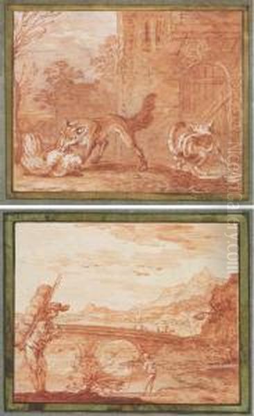 Les Deux Sources (livre Iii, 
Fable 7); Et Le Renard Et Le Chat(livre I, Fable 4): Deux Illustrations 
Pour Les Fables De Lamotte Oil Painting by Claude Gillot