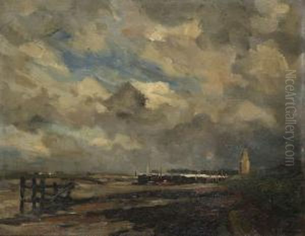 Staketsels Aan De Oever Met Spitse Kerktoren Oil Painting by Victor Olivier Gilsoul