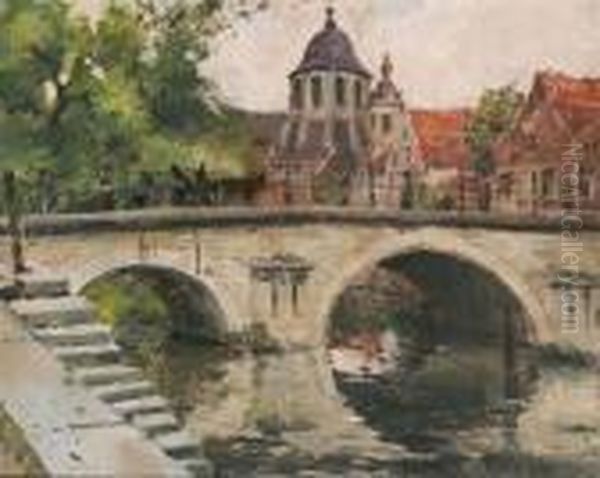 Fountain Bridge With Hanswijk Church (mechelen) Oil Painting by Victor Olivier Gilsoul