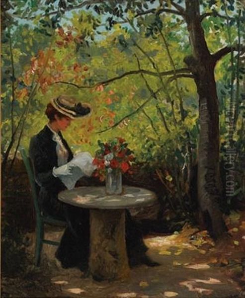 Woman Reading In A Sunlit Garden Oil Painting by Victor Olivier Gilsoul