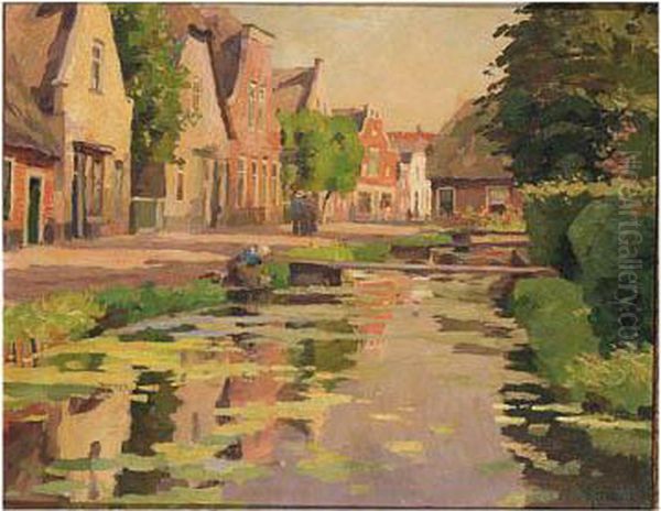 A Sunlit Lane Along A Canal Oil Painting by Victor Olivier Gilsoul