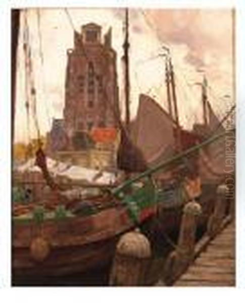 Scows In The Harbour Of Dordrecht Oil Painting by Victor Olivier Gilsoul