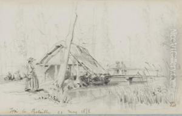 Un Album Relia En Cuir Rouge De
 10 Dessins Reprasentant Des Paysans Travaillant Dans Les Champs, Des 
Animaux, Des Maisons Et Des Paysages Arboras Oil Painting by Karl Girardet