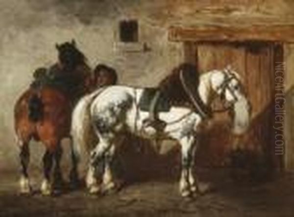 Stallbursche Mit Zwei
 Pferden. Oil Painting by Achille Giroux