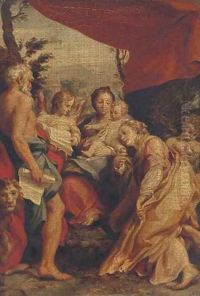 The Madonna and Child with Saints Jerome and Mary Magdalene and angels Oil Painting by Antonio Allegri da Correggio