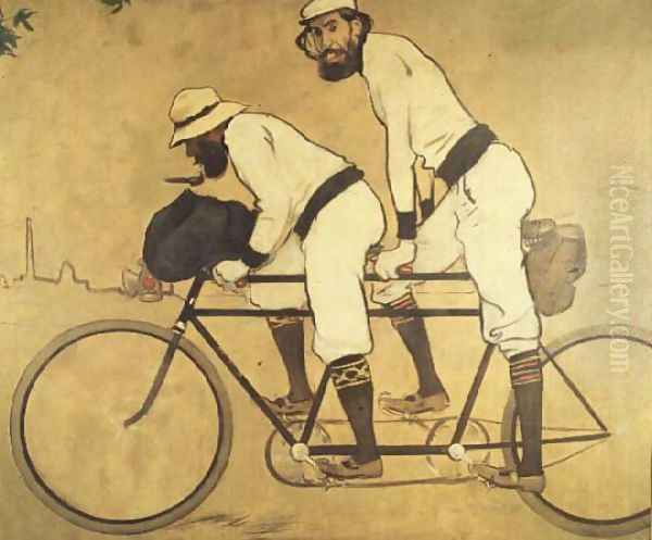 Self Portrait of Casas with Pere Romeu on a Tandem, 1897 Oil Painting by Ramon Casas