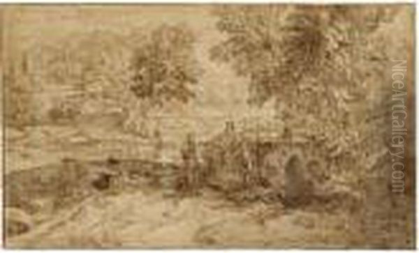 Italianate Landscape With 
Figures Resting By A Lake, A Village In The Distance To The Left Oil Painting by Johannes (Polidoro) Glauber