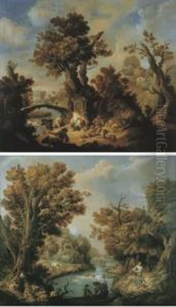 Paesaggio Fluviale Con 
Contadini; E Paesaggio Fluviale Concontadini E Armenti Presso Un Ponte 
Di Pietra In Lontananza Oil Painting by Johannes (Polidoro) Glauber