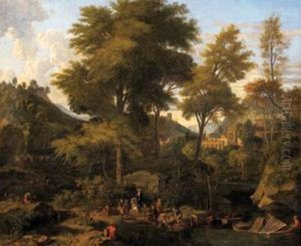 A Classical River Landscape With
 Figures Unloading A Boat, A Townbeyond; And A Classical River Landscape
 With Travellers Resting Andwatering Their Animals, A Tower Beyond Oil Painting by Johannes (Polidoro) Glauber