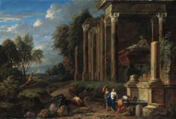 A Capriccio Of Classical Ruins 
In A Wooded Landscape, With Women Bya Fountain By A Tomb And A Shepherd 
Resting On A Plinth, The Seabeyond Oil Painting by Johannes (Polidoro) Glauber