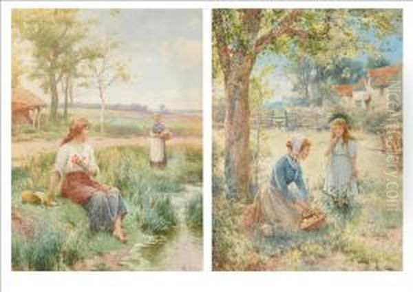 Young Mother And A Girl Picking Apples In An Orchard Oil Painting by Alfred Glendening