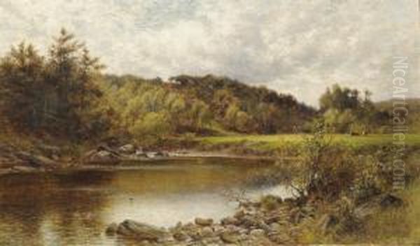 River Landscape With Cattle In A Sunlit Meadow Oil Painting by Alfred Glendening