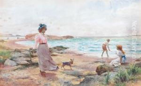Victorian Lady & Children Oil Painting by Alfred Glendening