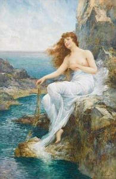 A Sea Maiden Resting On A Rocky Shore Oil Painting by Alfred Glendening