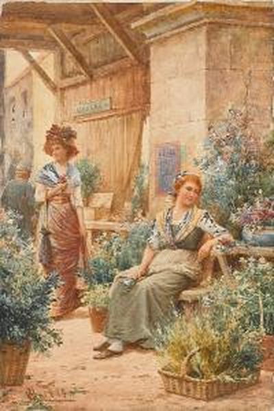 A Flower Market Oil Painting by Alfred Glendening
