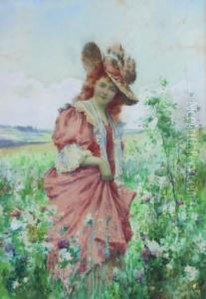 Girl In Peach Dress Oil Painting by Alfred Glendening