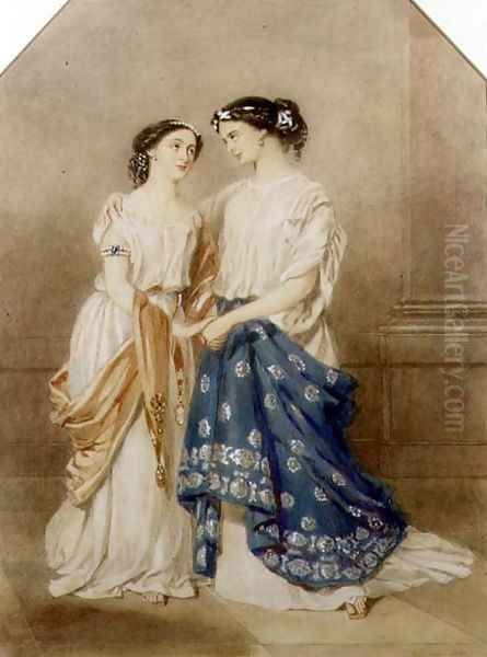 Scene from the 1848 production of 'Antigone' at the St. James Theatre with Mlle. Baptiste as Ismeme and Mme. Pechter as Antigone, 1848 Oil Painting by Alfred-Edward Chalon