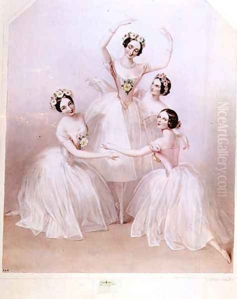 The 'Pas de Quatre': Carlotta Grisi (1819-99) Marie Taglioni (1804-84) Lucile Grahn (1819-1907) and Fanny Cerrito (1817-1909) Oil Painting by Alfred-Edward Chalon