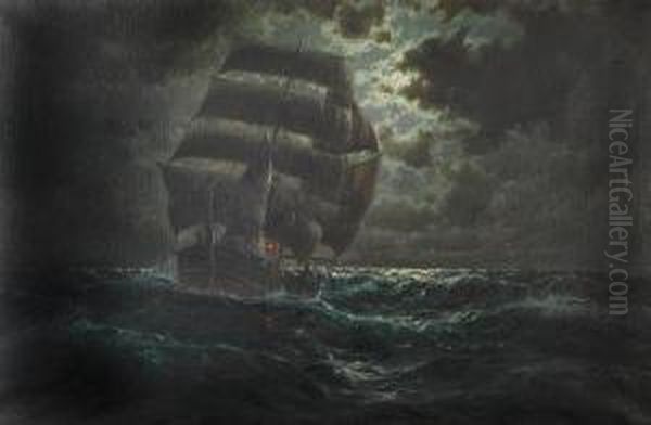 A Barque In The Moonlight. Oil Painting by Martin Franz Glusing