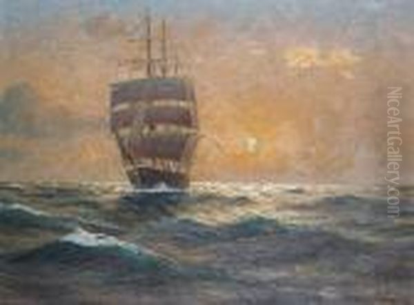 A Ship At Sunset Oil Painting by Martin Franz Glusing