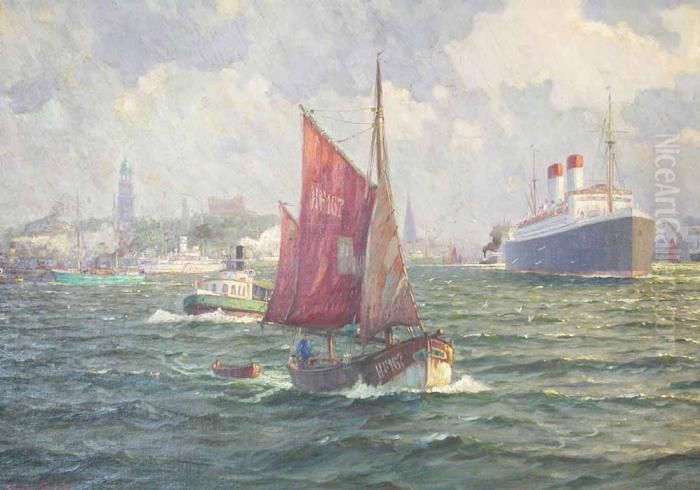 View Of Hamburg With Ss Arundel Castle And Other Boats Oil Painting by Martin Franz Glusing