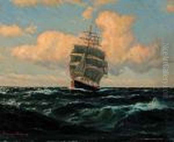 Untitled - Three Masted Sailing Ship At Sea Oil Painting by Martin Franz Glusing