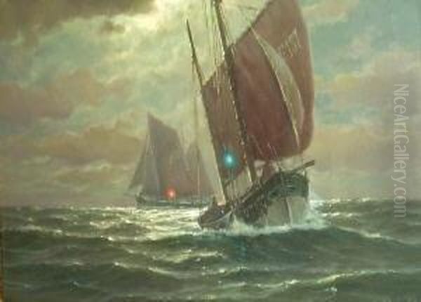 Fischerboote Bei Nacht. Unten Rechts Signiert Francis Glusing Oil Painting by Martin Franz Glusing