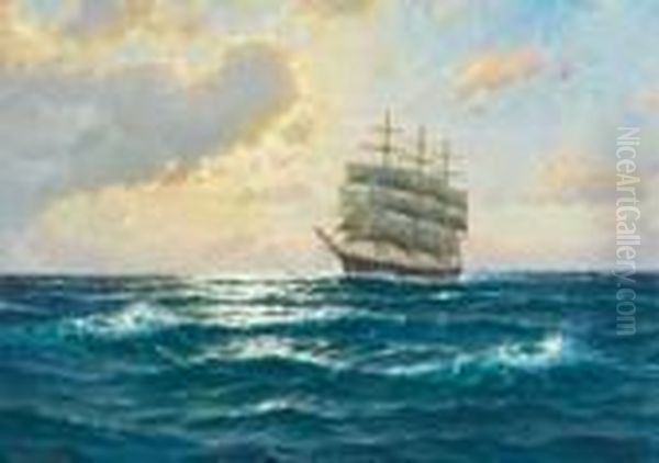 Ship At Sunset Oil Painting by Martin Franz Glusing