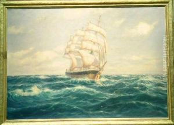 Ship In High Seas Oil Painting by Martin Franz Glusing