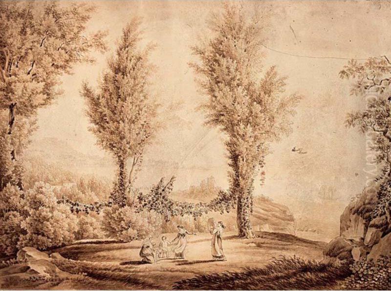 A Park Landscape With Women And Children Playing And Making Music Near A Lake Oil Painting by Wilhelm Friedrich Gmelin