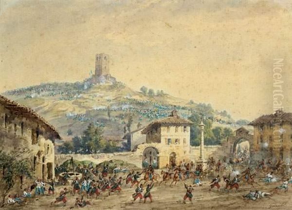 La Bataille De Solferino
 Aquarelle Gouachee Sur Trait De Crayon Noir Oil Painting by Gaspard Gobaut