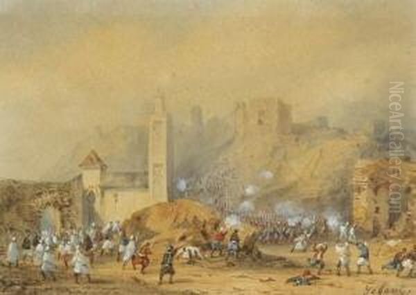 Orientalische
 Schlachtenszene. Oil Painting by Gaspard Gobaut