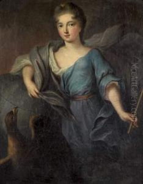 Portrait D'une Jeune Femme De 
Qualite En Junon, Un Sceptre A La Main, Appuyee Sur Le Globe Terrestre Oil Painting by Pierre Gobert