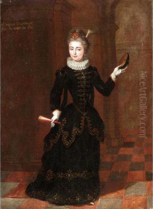 Portrait Of A Lady, Full Length,
 Wearing A Black Dress And Holding A Fan, Possibly The Marchioness 
D'espinouse Oil Painting by Pierre Gobert