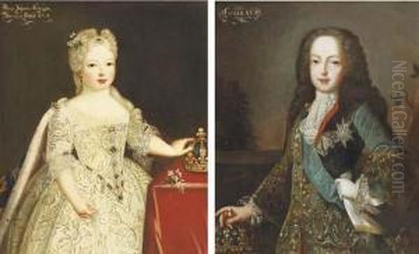 Portrait Of A 
Marie-anne-victoire, Infanta D'espagna, Small,three-quarter-length, In A
 White Dress Set With Pearls, By A Table,her Left Hand On Her Crown; And
 Portrait Of King Louis Xv, Small,three-quarter-length, In An 
Embroidered Blue Velvet Wai Oil Painting by Pierre Gobert