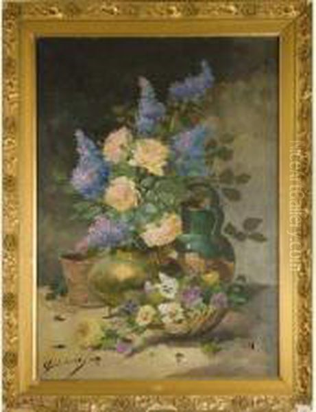Fleurs Aux Pichet De Cuivre Et 
Crucheen Terre Vernissee. Huile Sur Toile Signee En Bas A Gauche. 91cm 
X64cm Oil Painting by Emile Godchaux