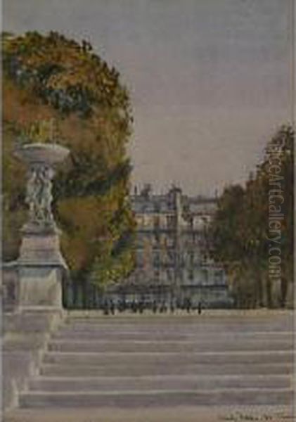 Paris Scene, Looking Up Park 
Steps Towards A Street Flanked By Trees, Inscribed 