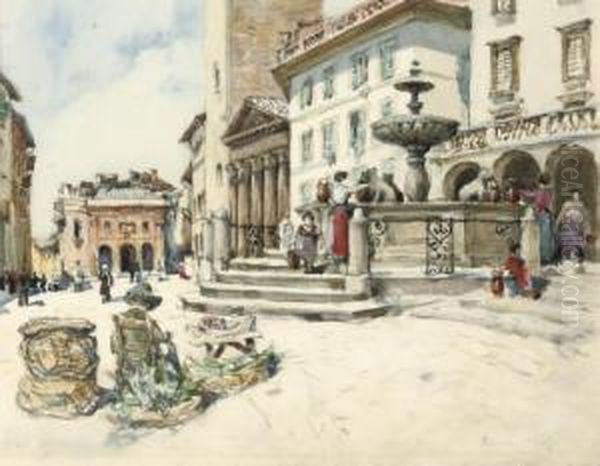 On The Piazza Della Minerva, Assisi Oil Painting by Robert Charles, Goff Col.