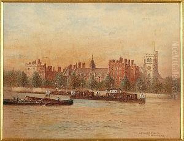 Four Views From The Thames: 
Lambeth Palace; Westminster Abbey; Tower Bridge; Lime House, Four Oil Painting by Frederick E.J. Goff
